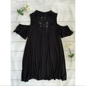 Cold Shoulder Lace Front High Neck Black Dress